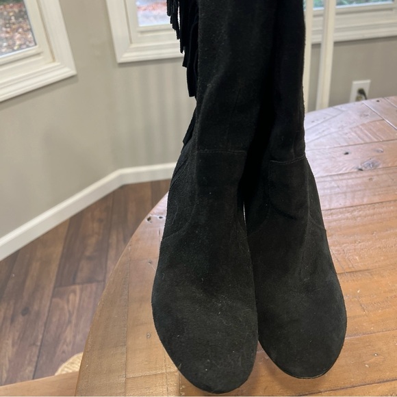 Nine West Black Suede Leather Fringe Mid Calf  Western Heel Pull On Boots Sz 7.5 - Picture 11 of 12